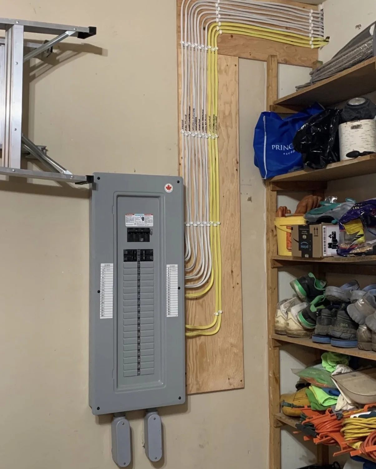 New grey main electrical panel with neatly routed cables beside storage shelves.