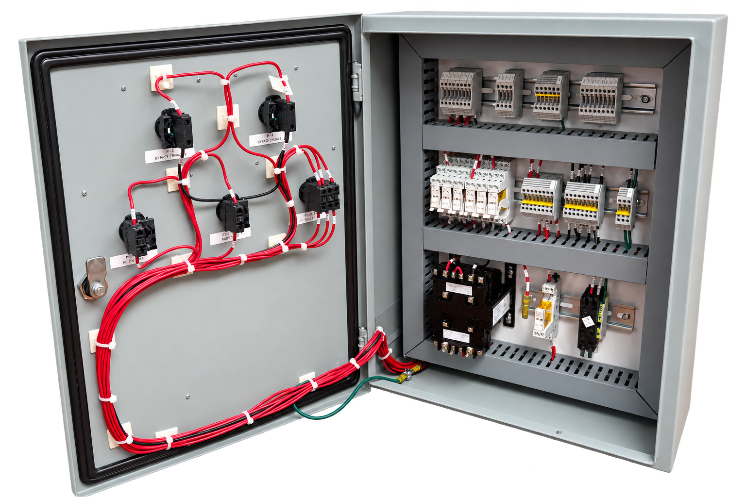 Open geothermal control panel for a Guelph hydronic emergency control project, showing relays, terminal blocks and door wiring.