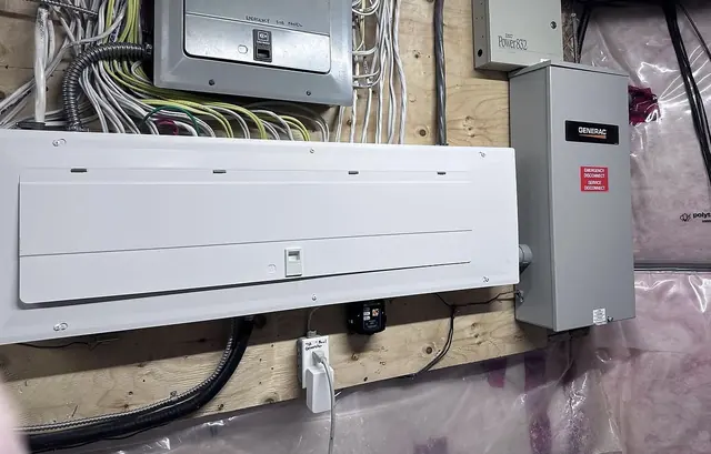 Residential electrical panel and Generac equipment mounted together on a basement wall.