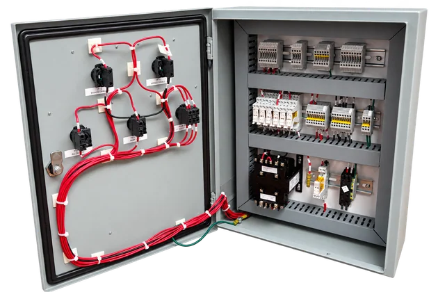 Open geothermal control panel for a Guelph hydronic emergency control project, showing relays, terminal blocks and door wiring.