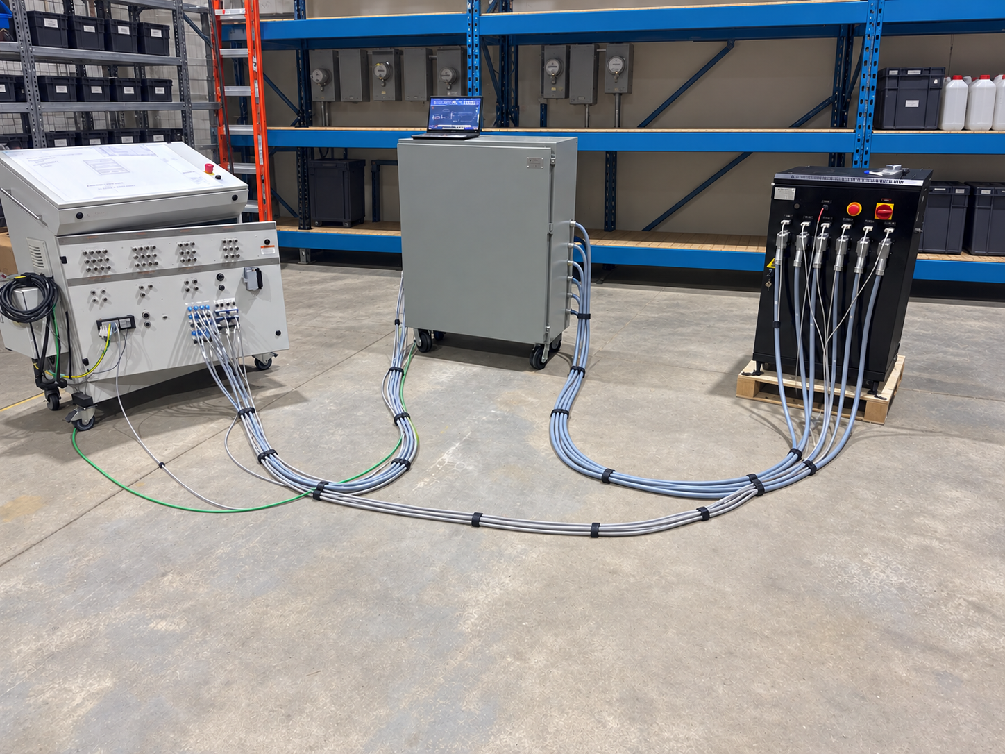 PLC-controlled pump test system with mobile control cabinets and instrumentation connections